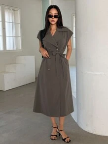 DAZY 雙排釦腰帶背心風衣外套 - 咖啡棕 - 查看 8