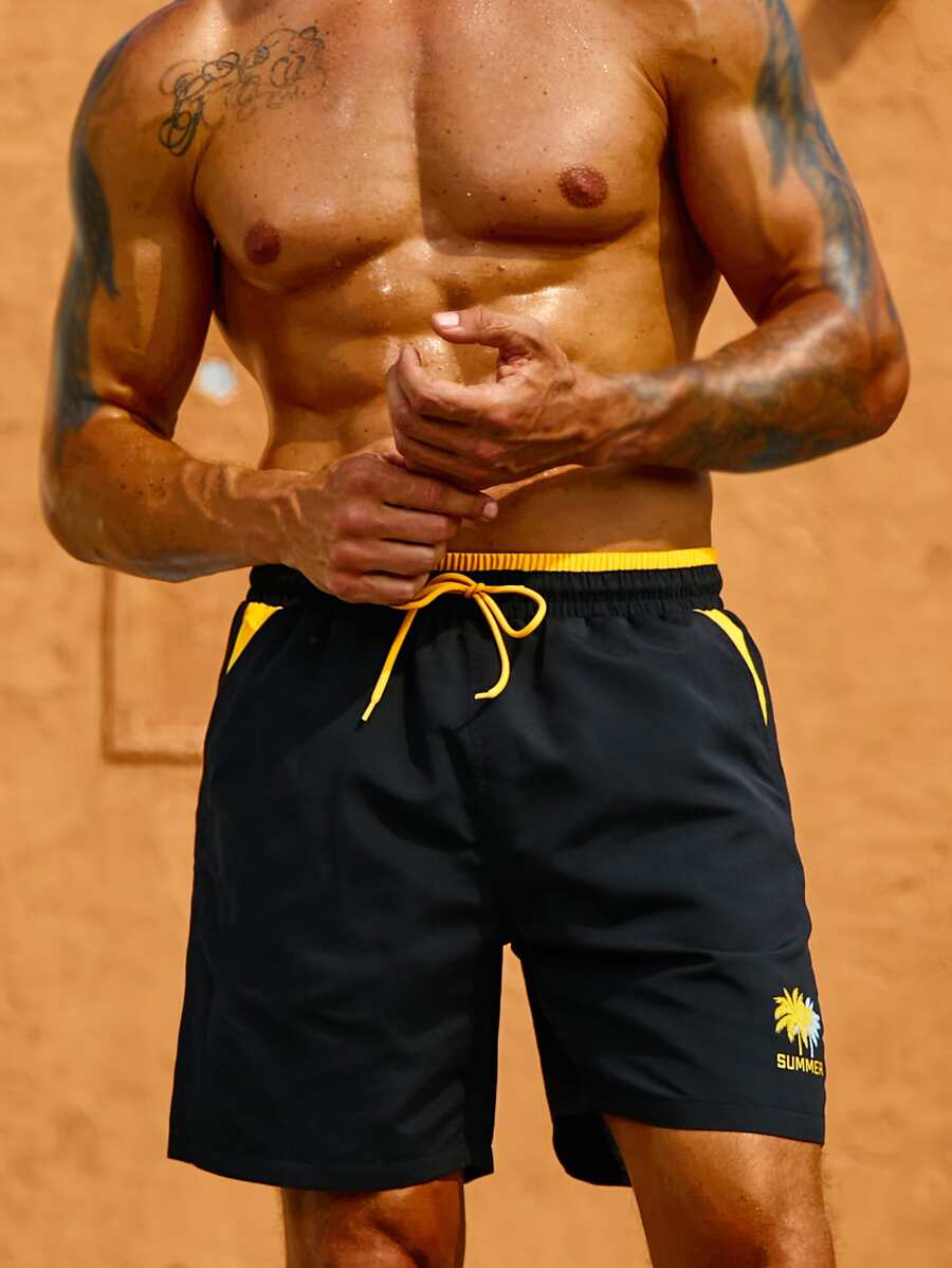 Surfspeed Men Letter Graphic Drawstring Waist Swim Trunks