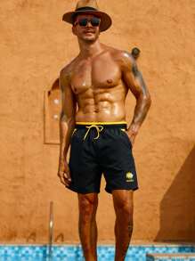 Surfspeed Men Letter Graphic Drawstring Waist Swim Trunks