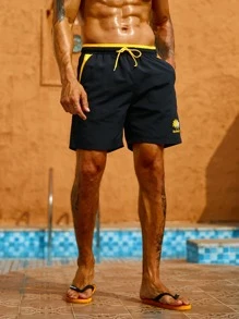 Surfspeed Men Letter Graphic Drawstring Waist Swim Trunks