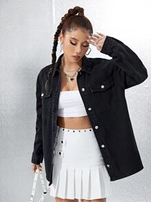 SHEIN EZwear 翻蓋口袋落肩袖牛仔外套 - 黑色 - 查看 4