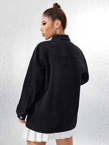 SHEIN EZwear 翻蓋口袋落肩袖牛仔外套 - 黑色 - 查看 2