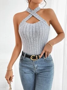 SHEIN Essnce 女士修身針織中空洞穴細肩帶交叉綁帶雙肩背心 - 灰色 - 查看 3