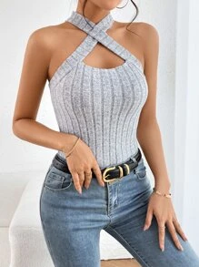 SHEIN Essnce 女士修身針織中空洞穴細肩帶交叉綁帶雙肩背心 - 灰色 - 查看 4