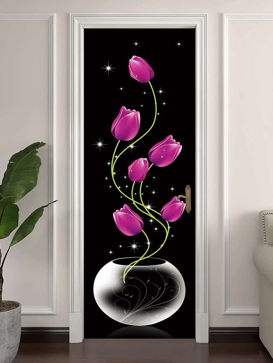 1pc PVC Door Sticker, Creative Flower Pattern Waterproof Door Decoration Self-adhesive Sticker For Bathroom - Multicolor - View 1