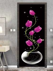 1pc PVC Door Sticker, Creative Flower Pattern Waterproof Door Decoration Self-adhesive Sticker For Bathroom - Multicolor - View 4