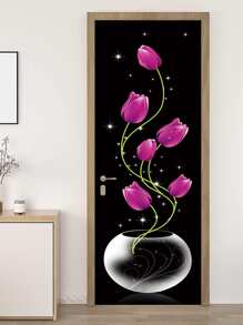 1pc PVC Door Sticker, Creative Flower Pattern Waterproof Door Decoration Self-adhesive Sticker For Bathroom - Multicolor - View 6