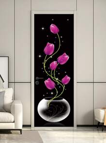 1pc PVC Door Sticker, Creative Flower Pattern Waterproof Door Decoration Self-adhesive Sticker For Bathroom - Multicolor - View 7