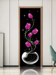 1pc PVC Door Sticker, Creative Flower Pattern Waterproof Door Decoration Self-adhesive Sticker For Bathroom - Multicolor - View 8