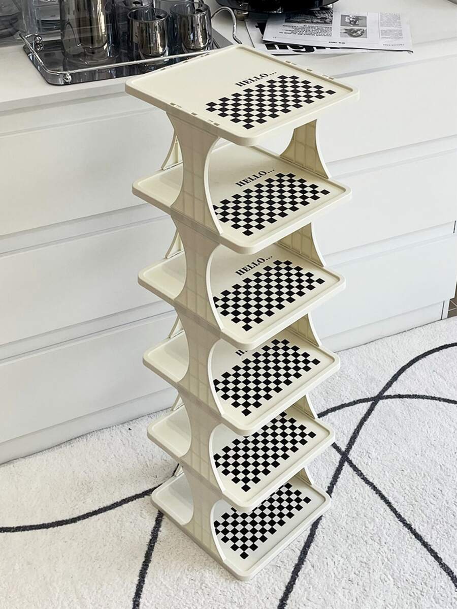 1pc Plastic Shoe Storage Rack, Modern Checkerboard Pattern Shoe Shelf