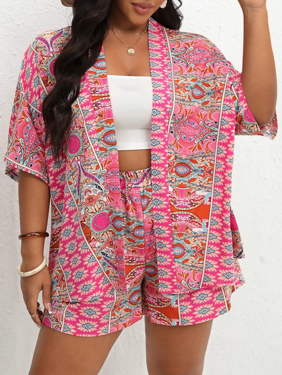 SHEIN VCAY Plus Floral Print Kimono & Shorts - Multicolor - View 1