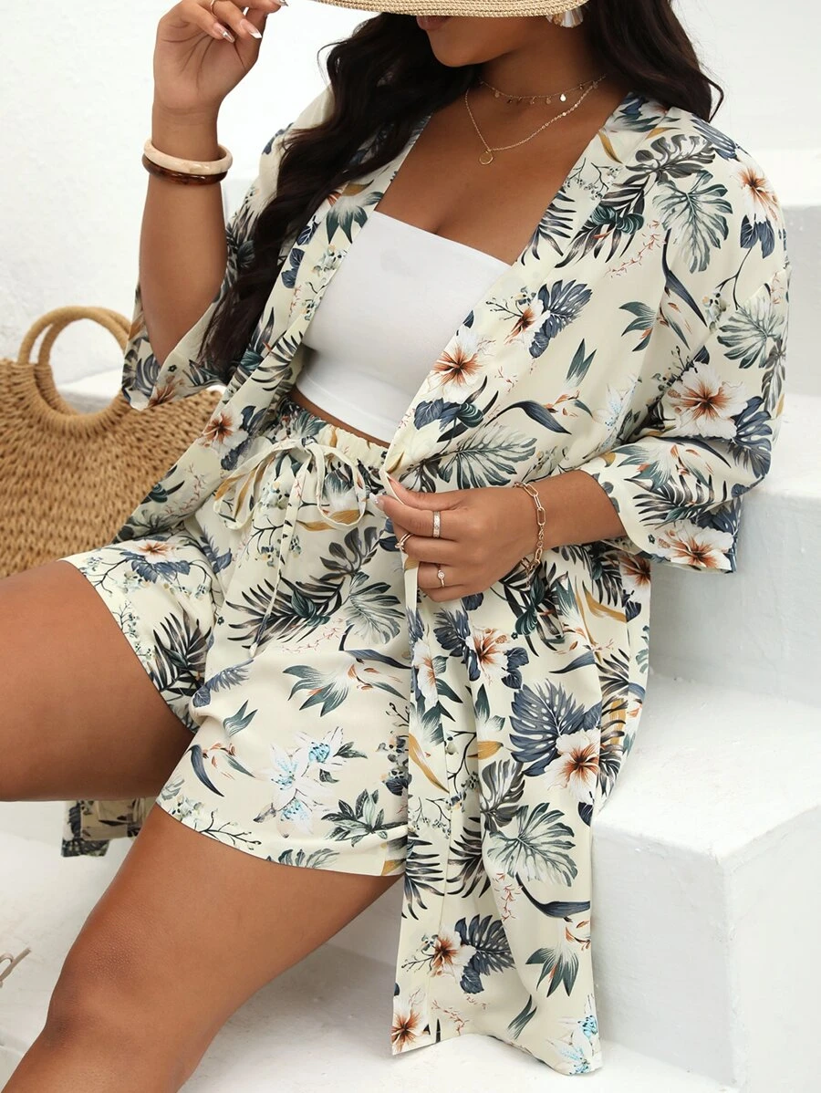 SHEIN VCAY Plus Tropical Print Kimono & Tie Front Shorts - Apricot - View 1