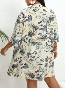 SHEIN VCAY Plus Tropical Print Kimono & Tie Front Shorts - Apricot - View 2