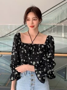 DAZY Floral Print Flounce Sleeve Ruched Bust Tie Back Blouse,Fall Women Clothes Crop Women Tops - Black - View 1