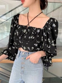 DAZY Floral Print Flounce Sleeve Ruched Bust Tie Back Blouse,Fall Women Clothes Crop Women Tops - Black - View 4