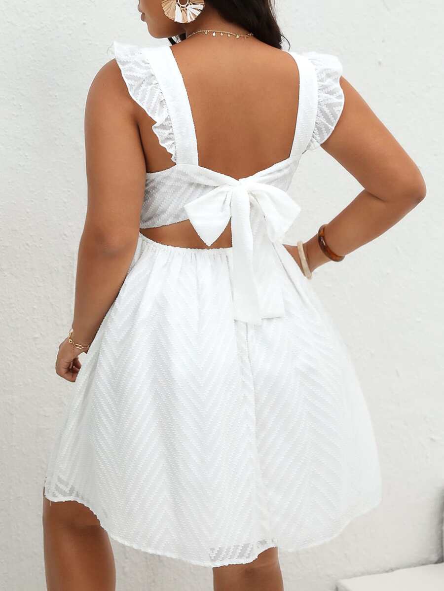 Dreamara Plus Tie Backless Ruffle Trim Dress - White - View 1