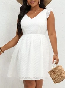 Dreamara Plus Tie Backless Ruffle Trim Dress - White - View 3