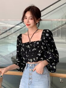 DAZY Floral Print Flounce Sleeve Ruched Bust Tie Back Blouse,Fall Women Clothes Crop Women Tops - Black - View 5