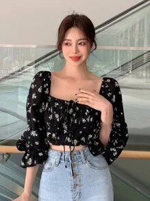 DAZY Floral Print Flounce Sleeve Ruched Bust Tie Back Blouse,Fall Women Clothes Crop Women Tops - Black - View 6