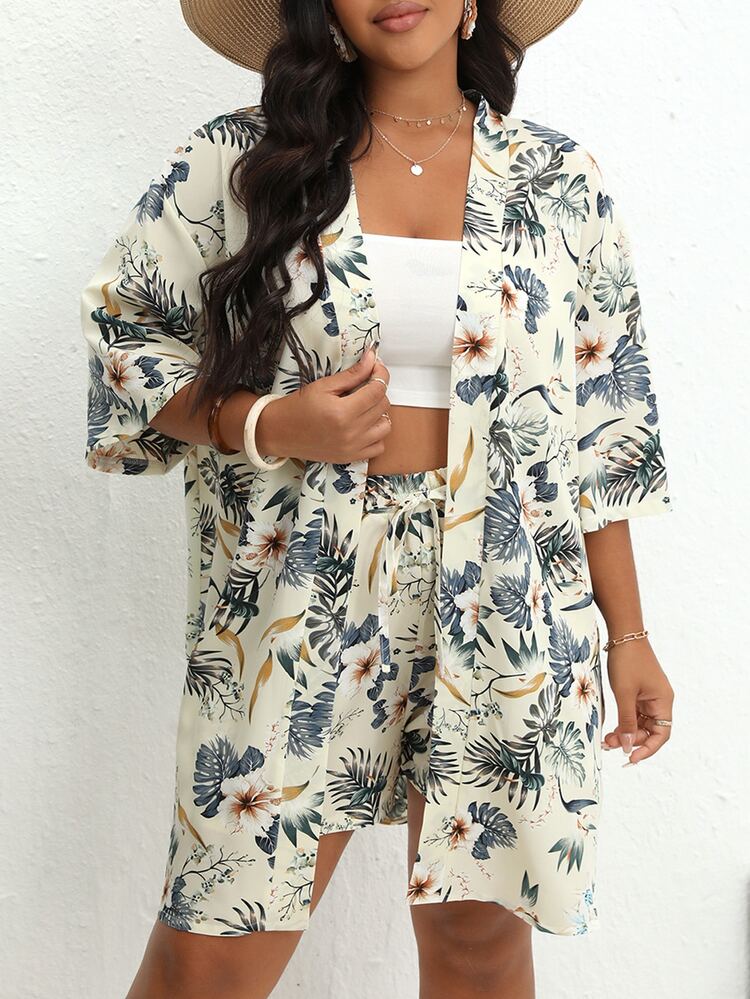 SHEIN VCAY Plus Tropical Print Kimono & Tie Front Shorts - Apricot - View 4
