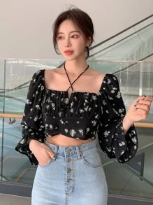 DAZY Floral Print Flounce Sleeve Ruched Bust Tie Back Blouse,Fall Women Clothes Crop Women Tops - Black - View 7