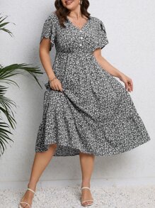 Calvaya Vestido con estampado floral de manga mariposa bajo con fruncido - Negro - Ver 1