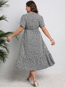 Calvaya Vestido con estampado floral de manga mariposa bajo con fruncido - Negro - Ver 2