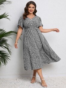 Calvaya Vestido con estampado floral de manga mariposa bajo con fruncido - Negro - Ver 3