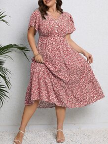 Calvaya Plus Ditsy Floral Print Petal Sleeve Ruffle Hem Dress - Red - View 1