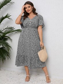 Calvaya Vestido con estampado floral de manga mariposa bajo con fruncido - Negro - Ver 4