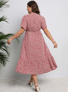 Calvaya Plus Ditsy Floral Print Petal Sleeve Ruffle Hem Dress - Red - View 2