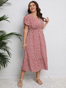 Calvaya Plus Ditsy Floral Print Petal Sleeve Ruffle Hem Dress - Red - View 3