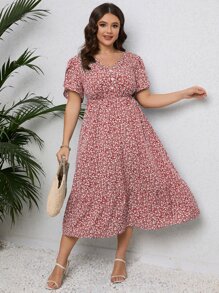 Calvaya Plus Ditsy Floral Print Petal Sleeve Ruffle Hem Dress - Red - View 4