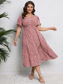 Calvaya Plus Ditsy Floral Print Petal Sleeve Ruffle Hem Dress - Red - View 5