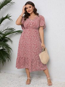 Calvaya Plus Ditsy Floral Print Petal Sleeve Ruffle Hem Dress - Red - View 6