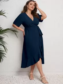 Rometta 大碼素色腰帶荷葉邊圍裹式連衣裙