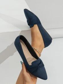 Fashion Blue Loafer Shoes For Women, Ruched Detail Faux Suede Point Toe Flats