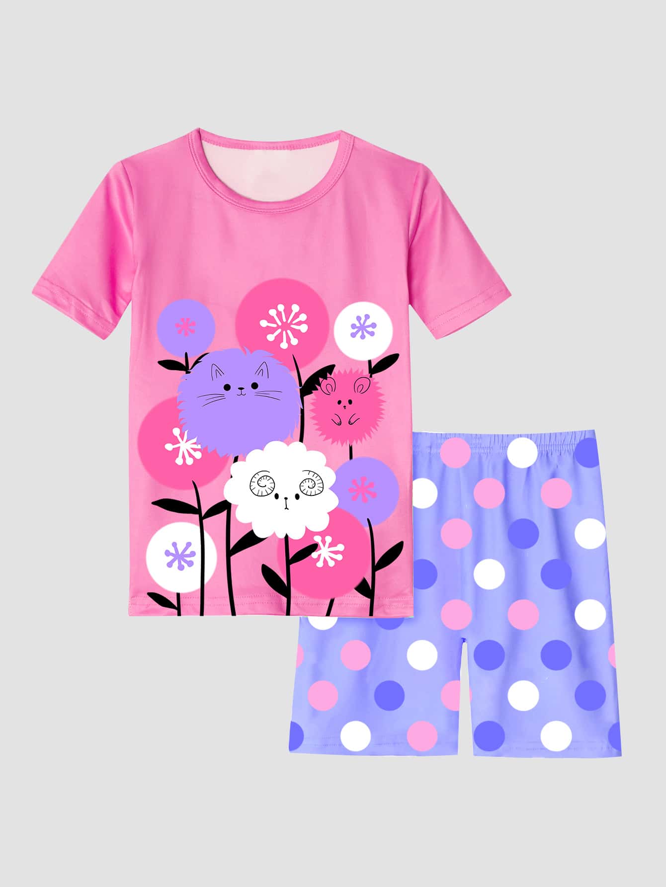 Girls Polka Dot & Plant Print Snug Fit PJ Set - Multicolor - View 1