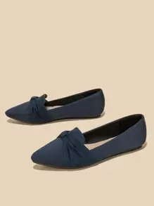 Fashion Blue Loafer Shoes For Women, Ruched Detail Faux Suede Point Toe Flats