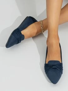 Fashion Blue Loafer Shoes For Women, Ruched Detail Faux Suede Point Toe Flats