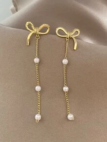 Bow & Faux Pearl Decor Drop Earrings - Multicolor - View 1