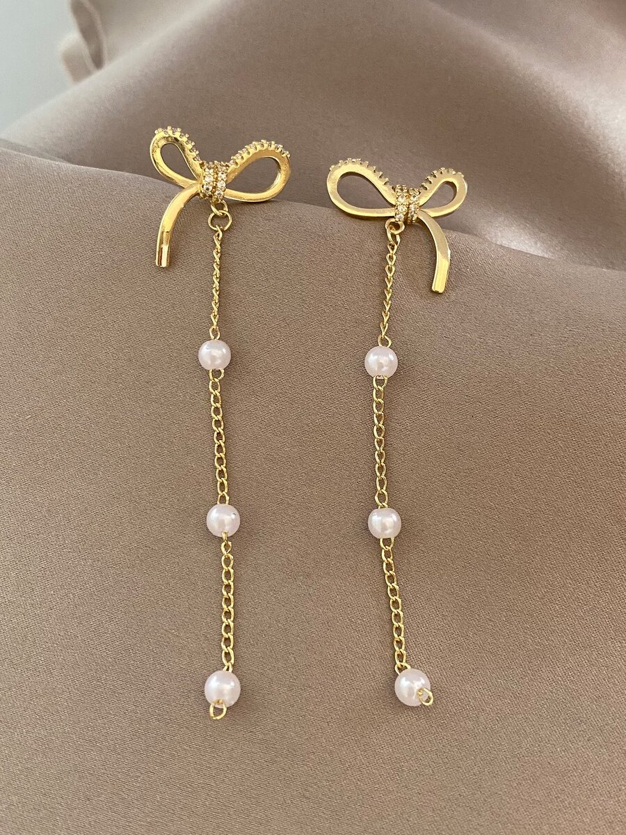 Bow & Faux Pearl Decor Drop Earrings - Multicolor - View 1