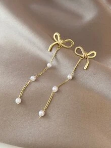 Bow & Faux Pearl Decor Drop Earrings - Multicolor - View 2