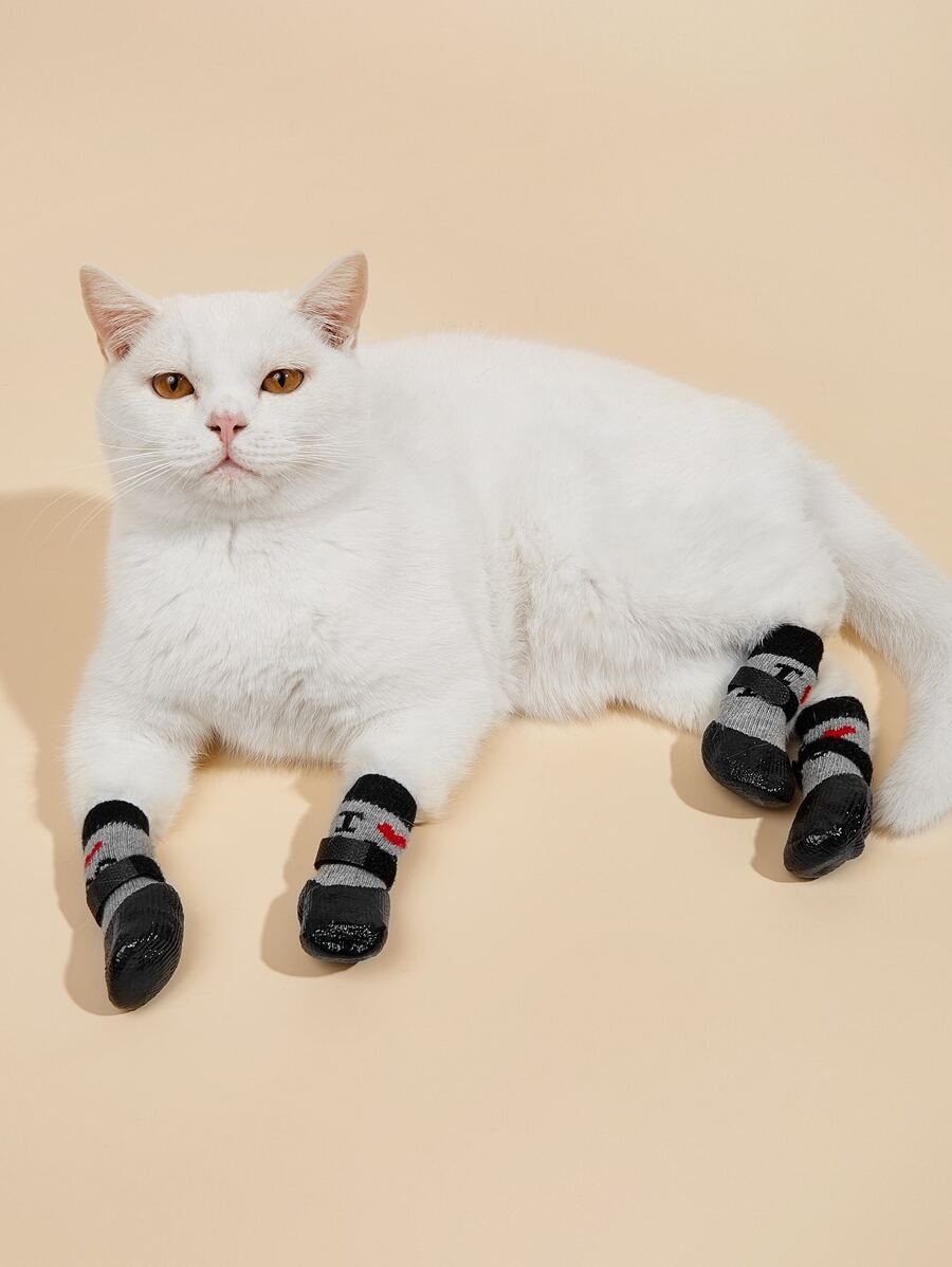 4pcs Letter Graphic Waterproof Pet Socks For Dog And Cat For All Season - Black - View 1