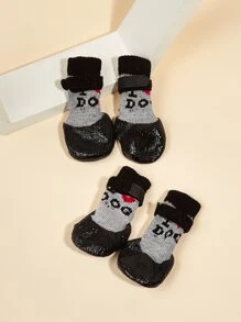 4pcs Letter Graphic Waterproof Pet Socks For Dog And Cat For All Season - Black - View 2