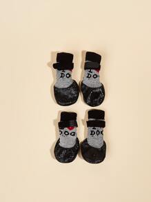 4pcs Letter Graphic Waterproof Pet Socks For Dog And Cat For All Season - Black - View 4
