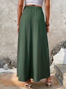 SHEIN LUNE Váy nữ Nút phía trước màu trơn Giải trí - Màu xanh lá cây đậm - Xem 2