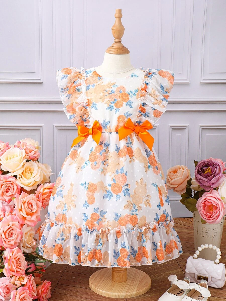 Toddler Girls Allover Floral Print Ruffle Trim Bow Front Dress - Yellow - View 1