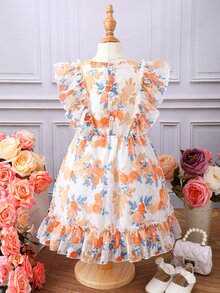 Toddler Girls Allover Floral Print Ruffle Trim Bow Front Dress - Yellow - View 2