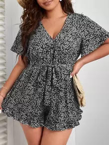 SHEIN VCAY Plus Ditsy Floral Print Butterfly Sleeve Belted Romper - Multicolor - View 1